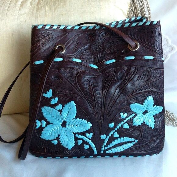 Vintage Hand-tooled Leather Bucket Bag- Love Turquoise? - Picture 1 of 16